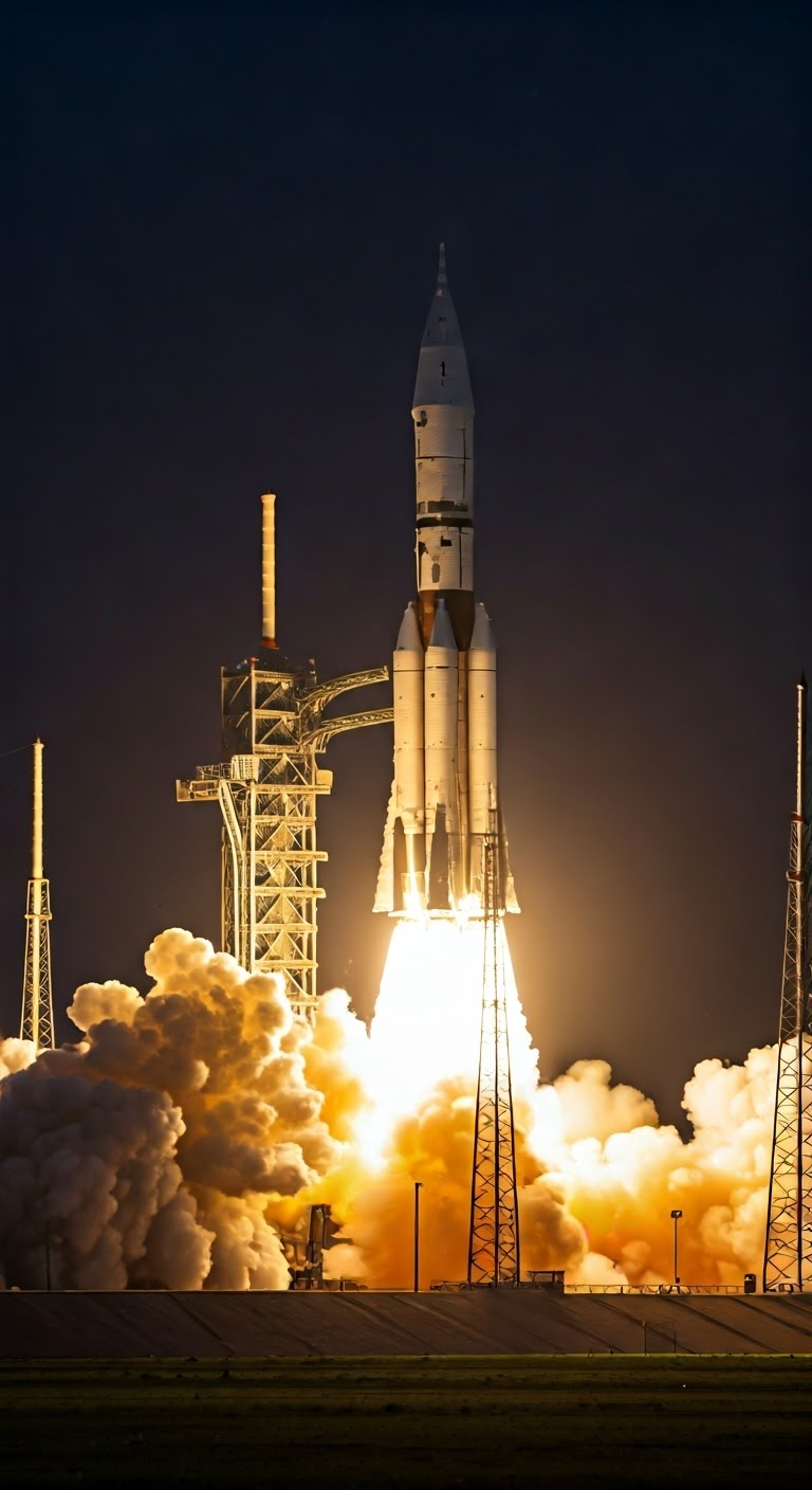 Historic rocket launch at dusk