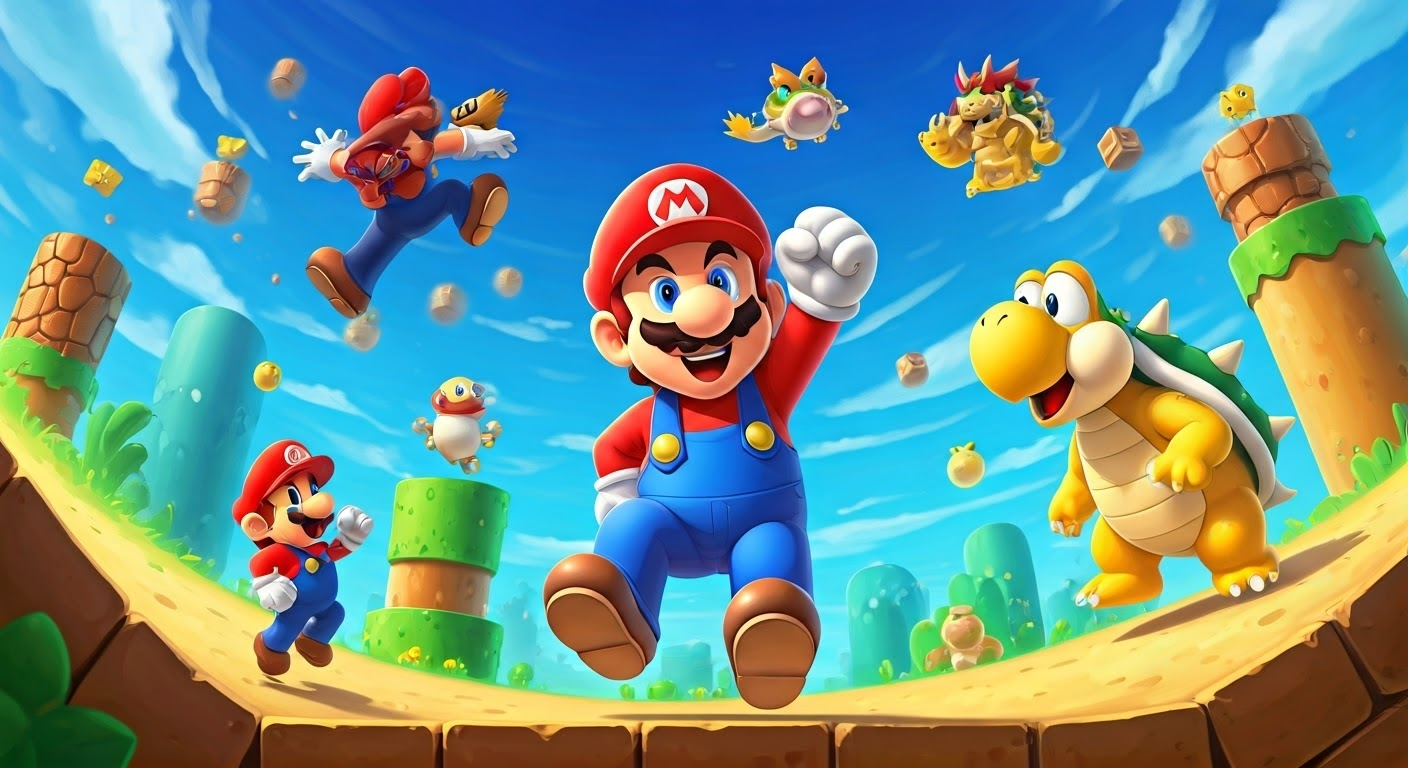 Vibrant digital artwork of Mario-like game