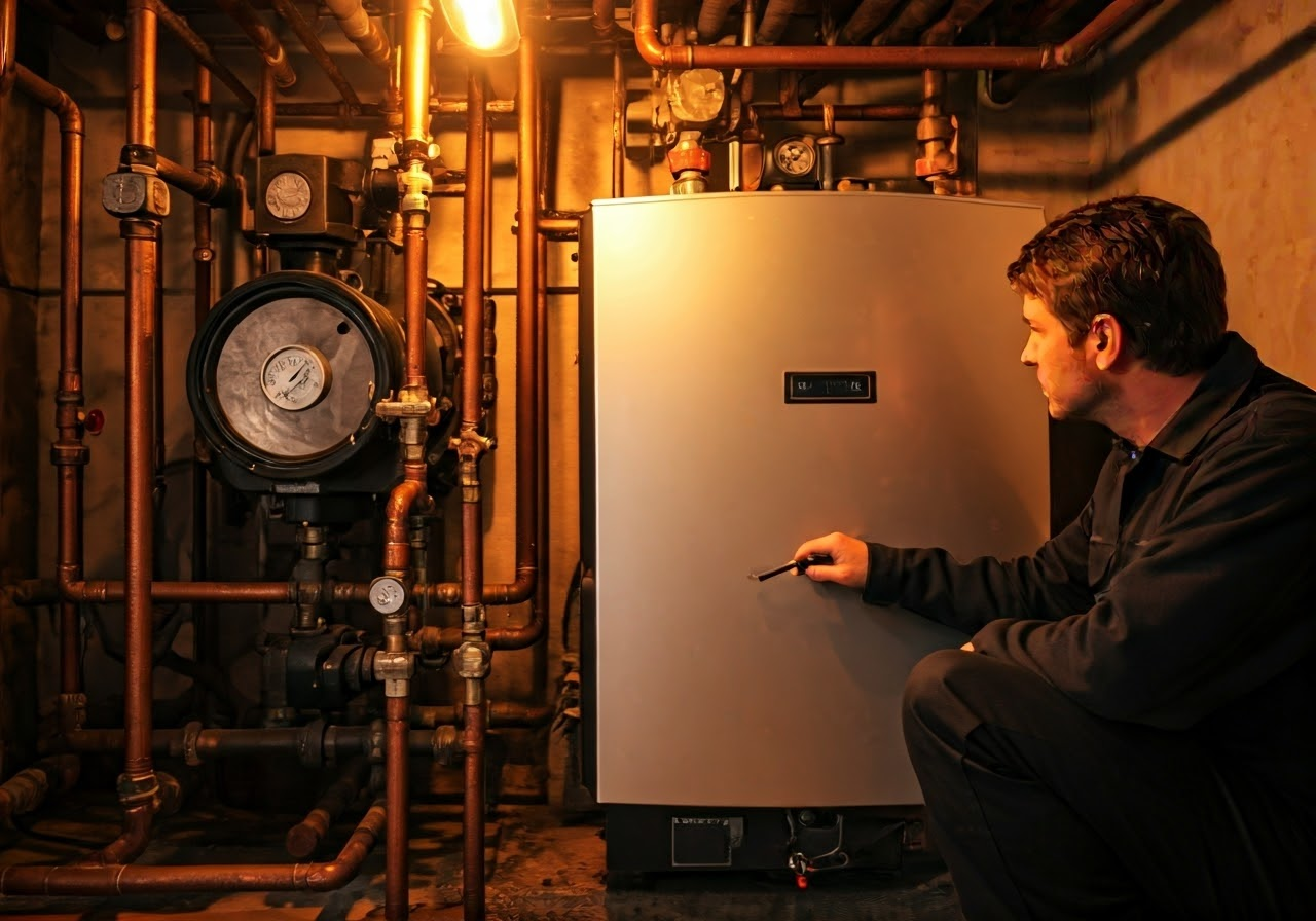 Technician inspecting a water boiler