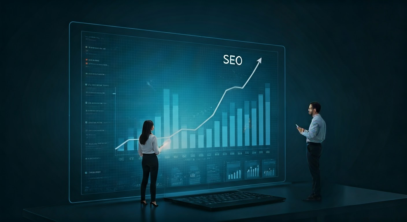 Business team analyzing SEO metrics