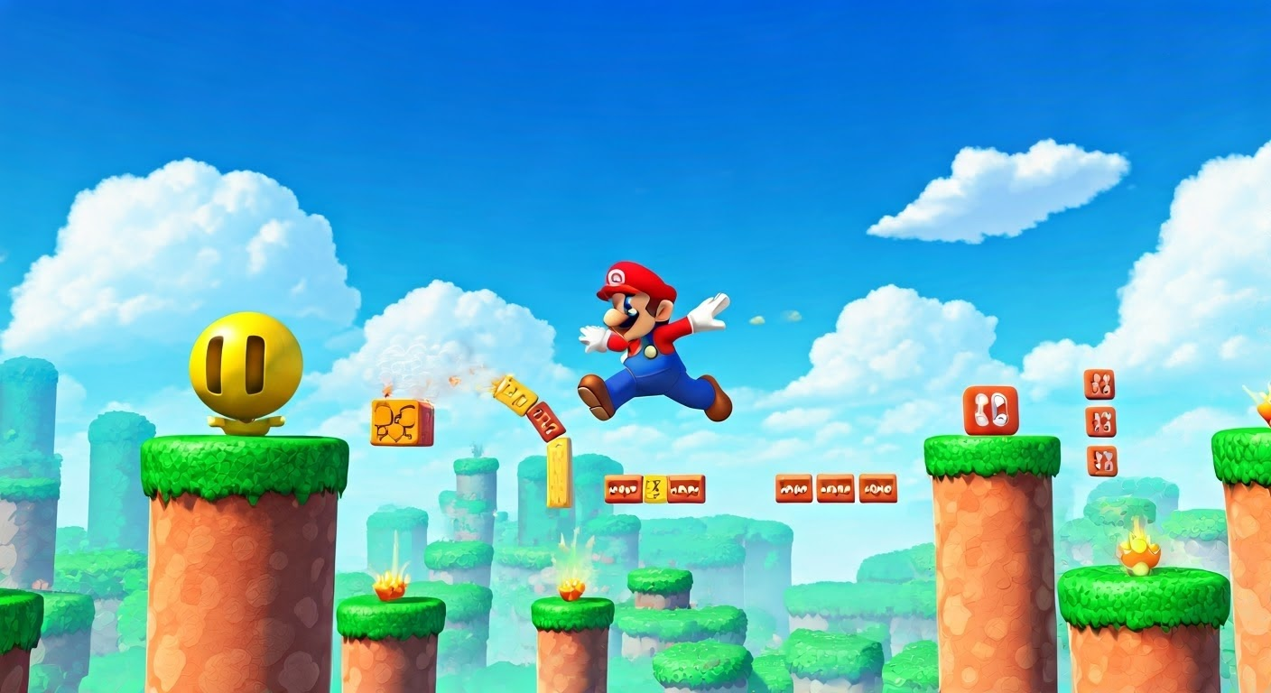Mario character jumping in game world
