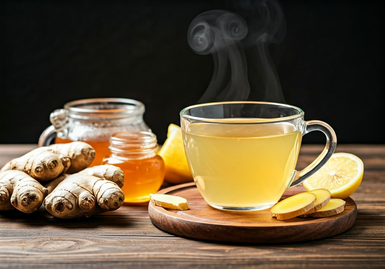 Close-up of ginger tea with ingredients
