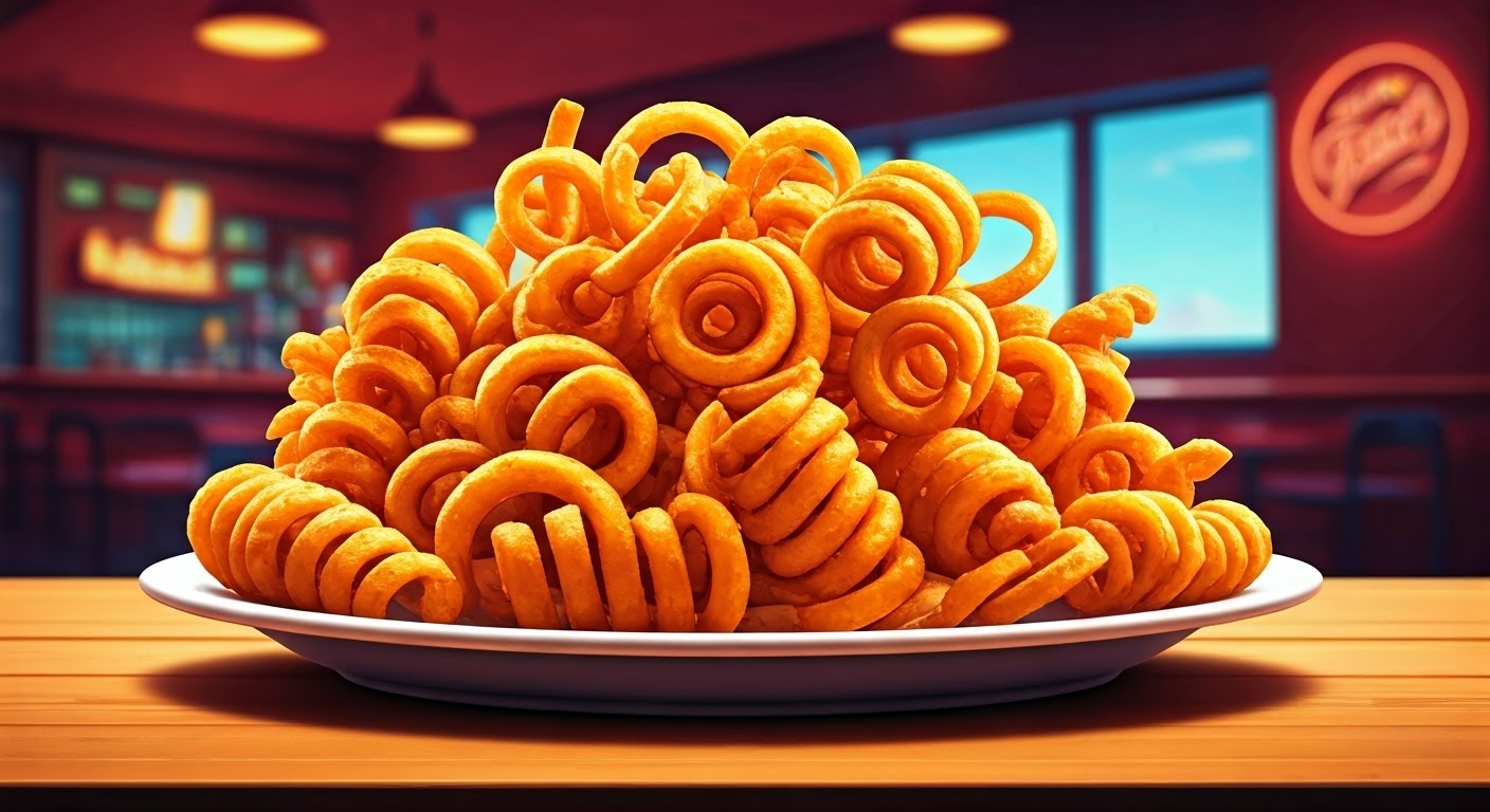 Variety of curly fries in a diner