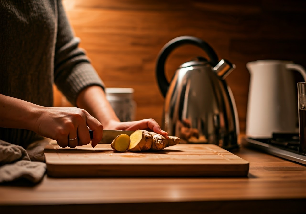 Person preparing ginger tea
