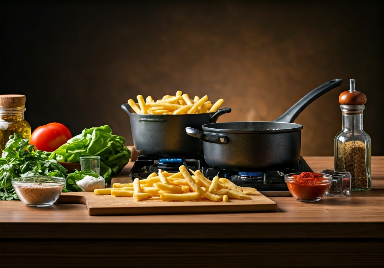 Preparing French fries in a kitchen