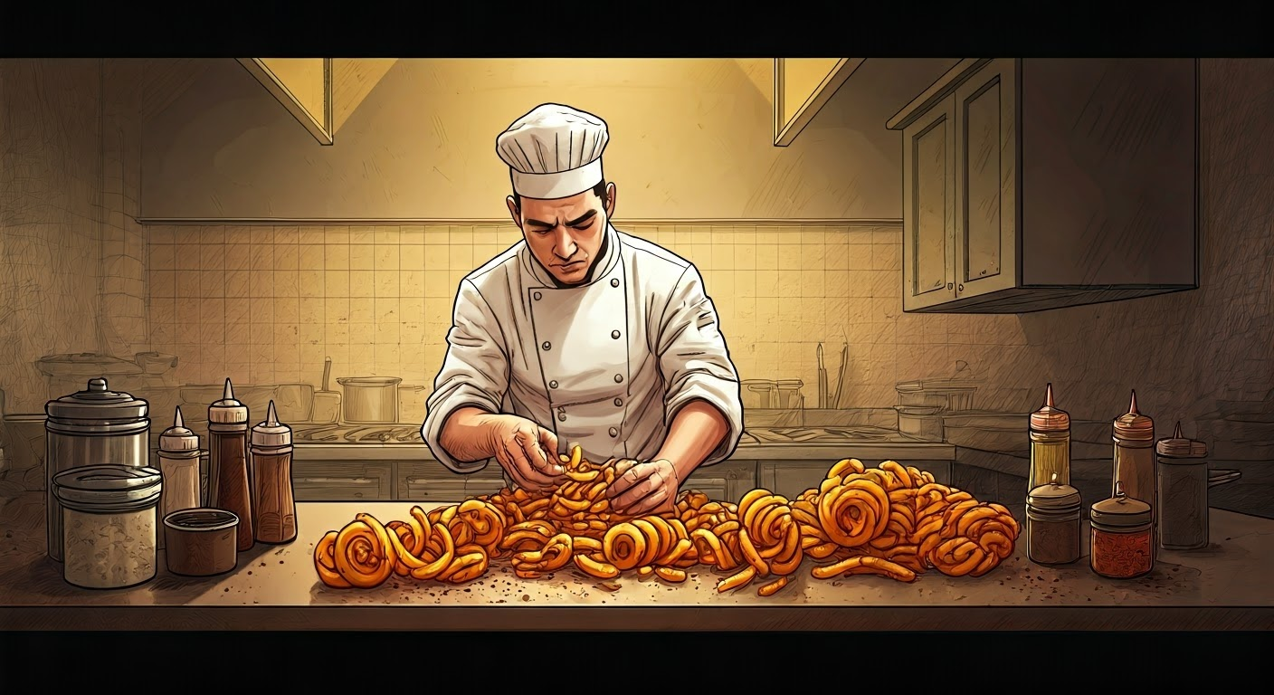 Chef preparing curly fries in kitchen
