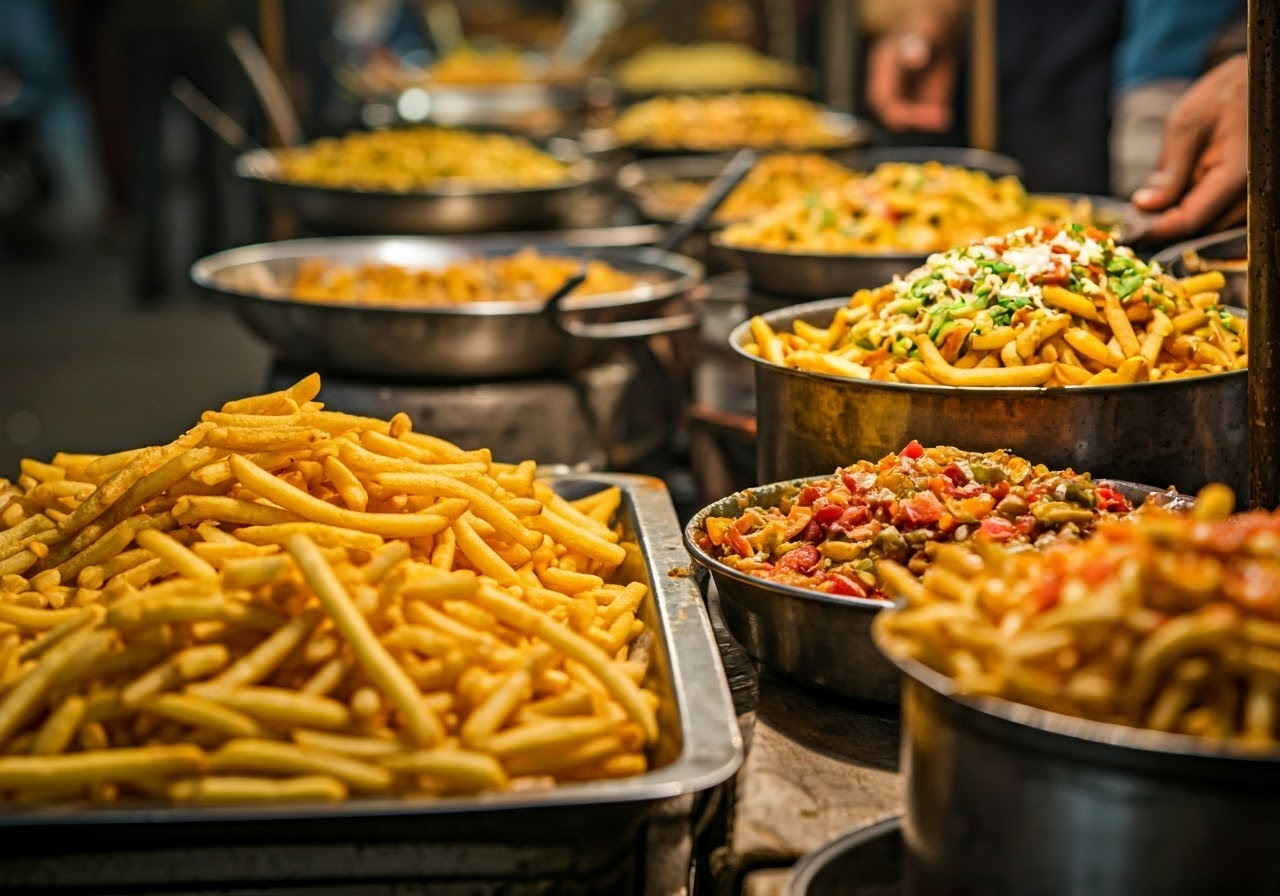 Street food scene with French fries