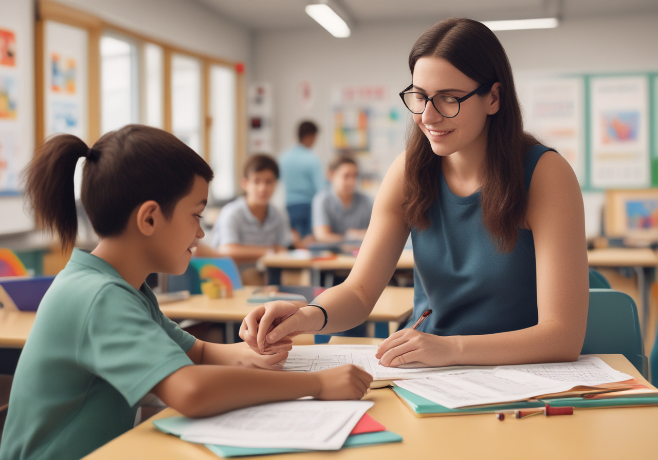 Teacher supporting autistic student