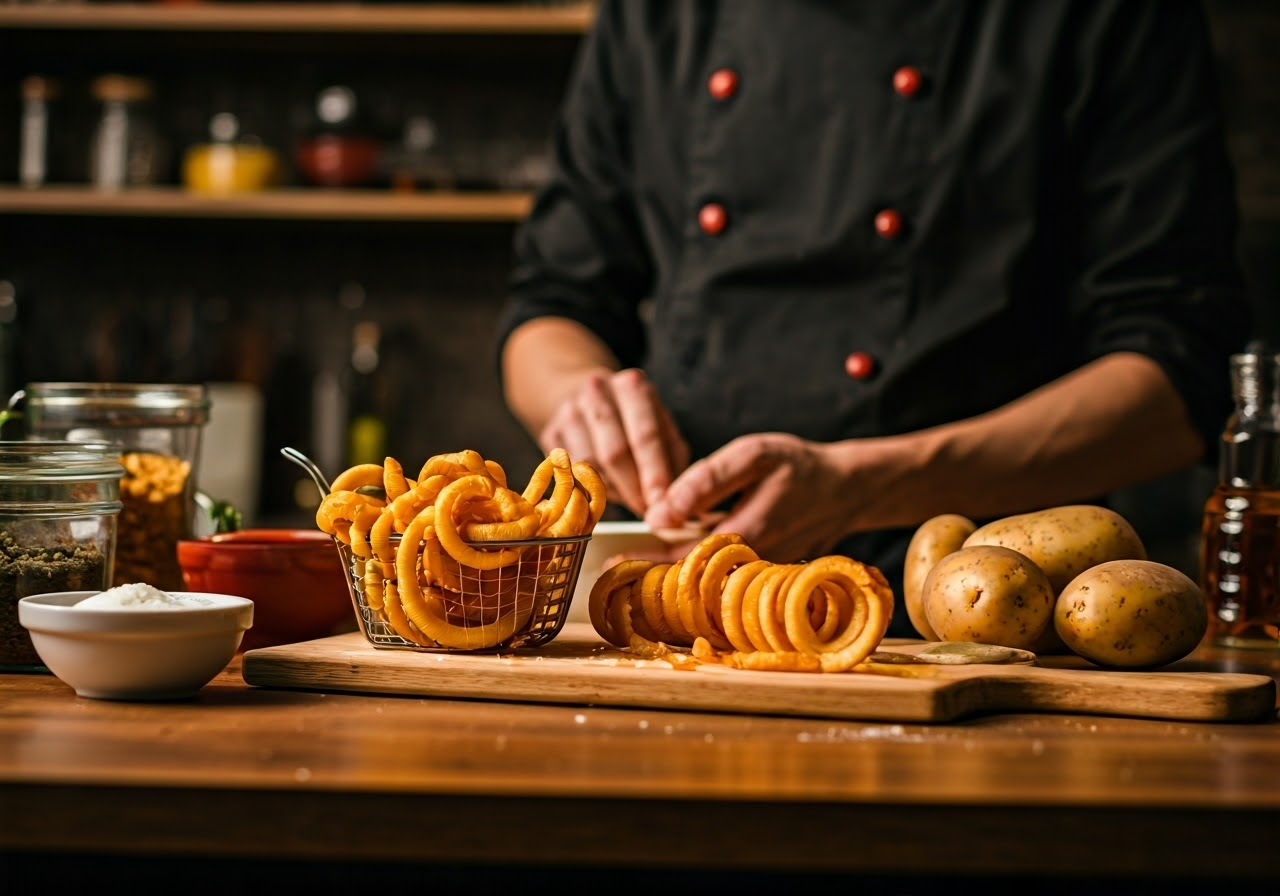 Chef preparing curly fries