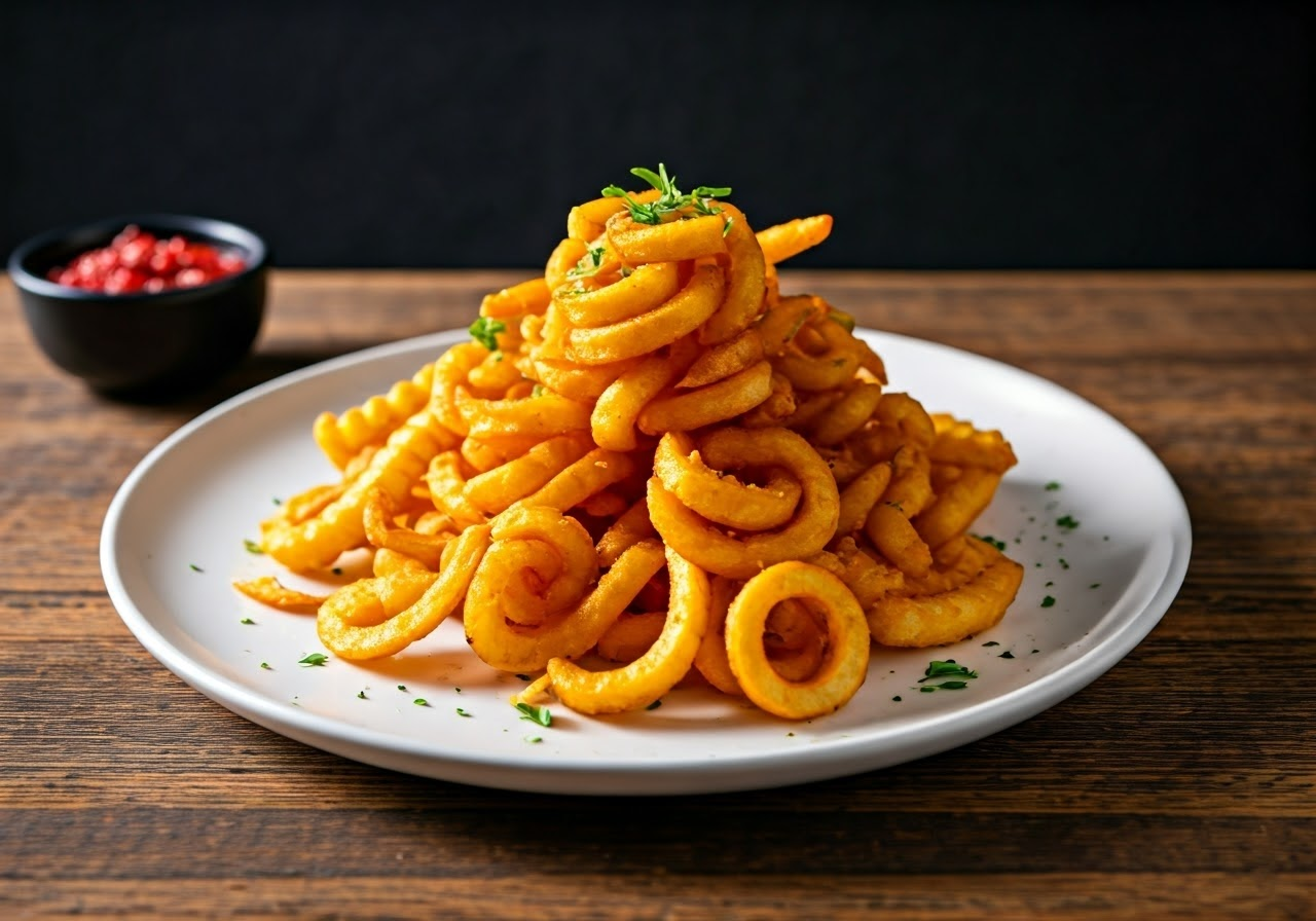 Plated curly fries with spices