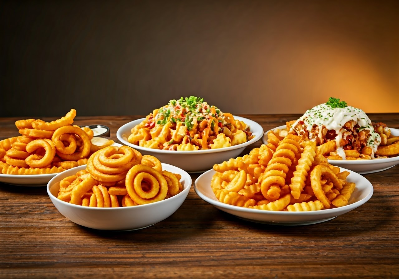 Variety of curly fries with toppings