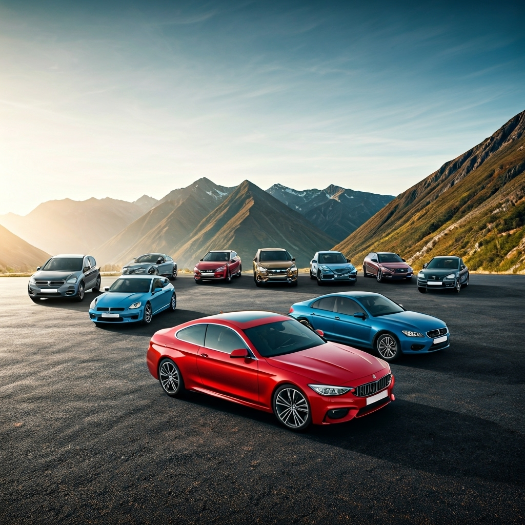 Lineup of various car types outdoors
