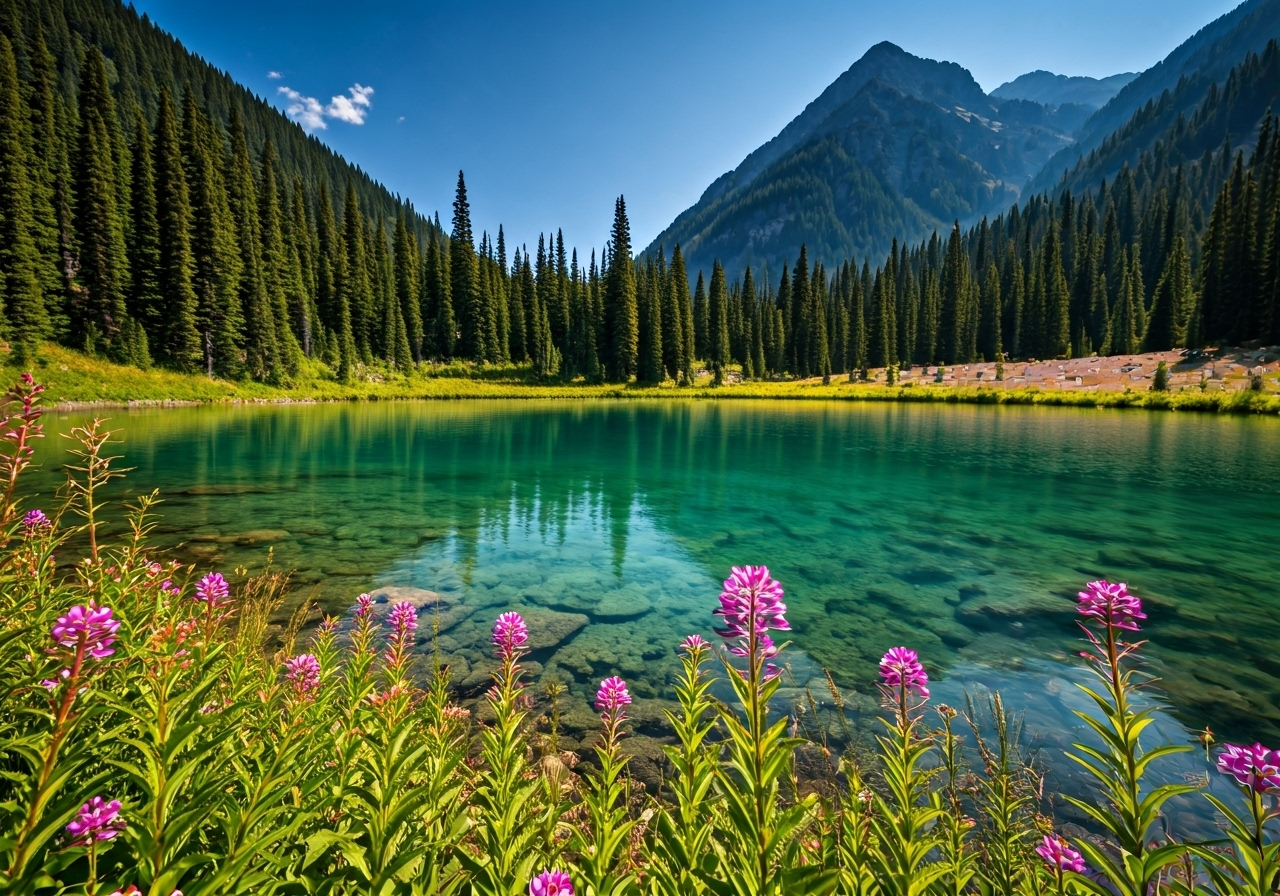 Turquoise alpine lake with wildflowers