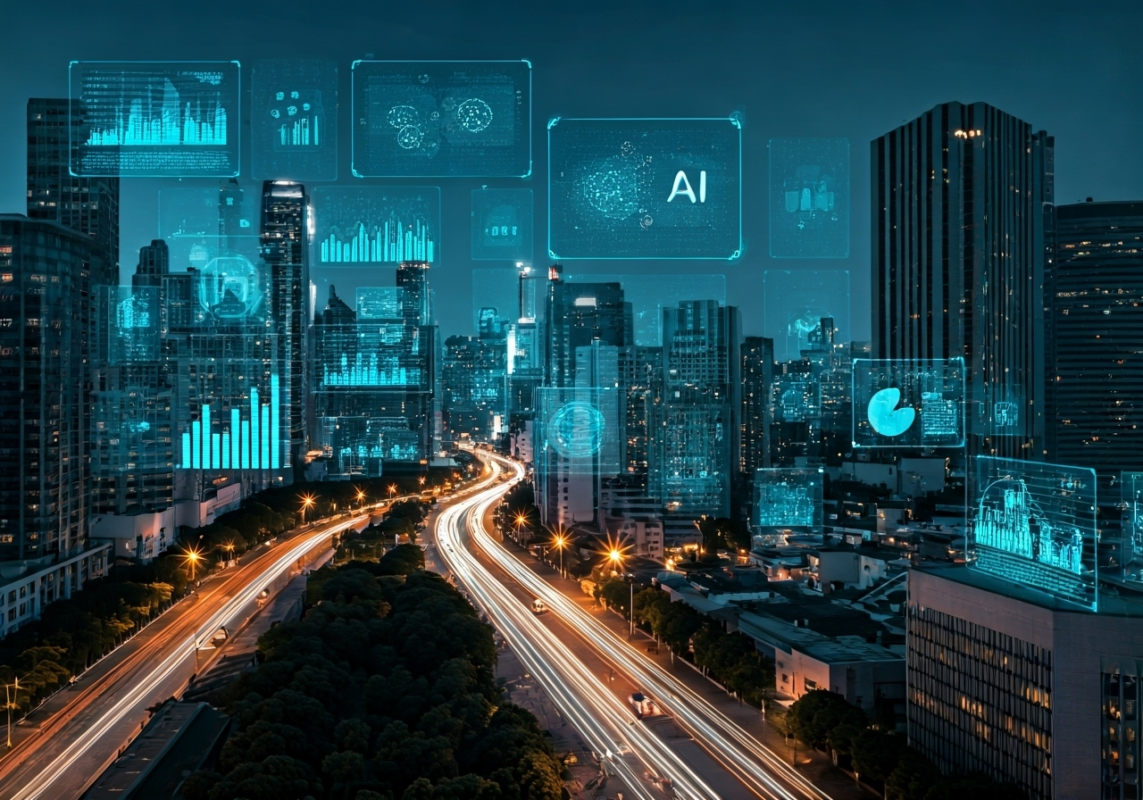 Futuristic SEO trends cityscape illustration