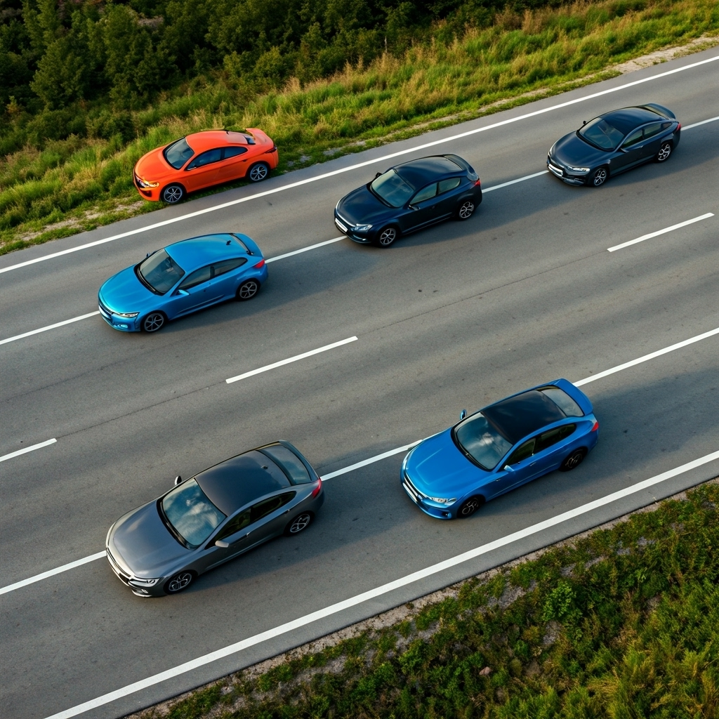 Various car types on scenic road