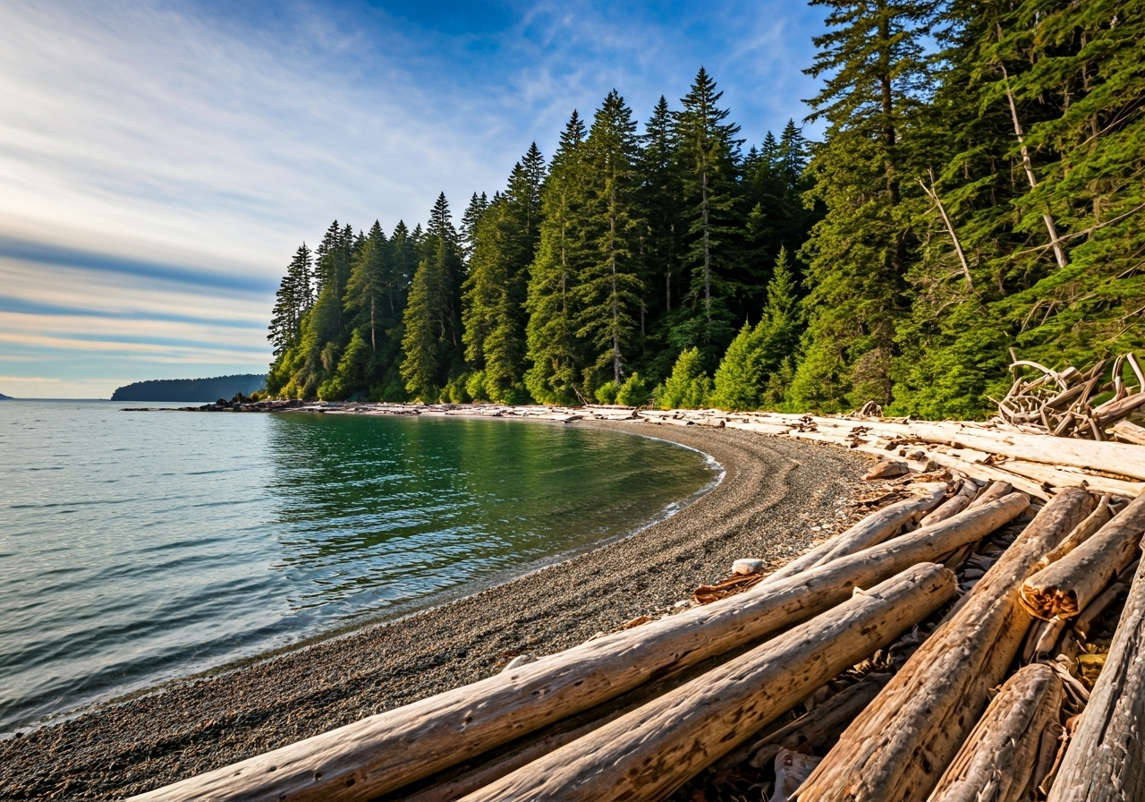 Tranquil hidden bay with driftwood