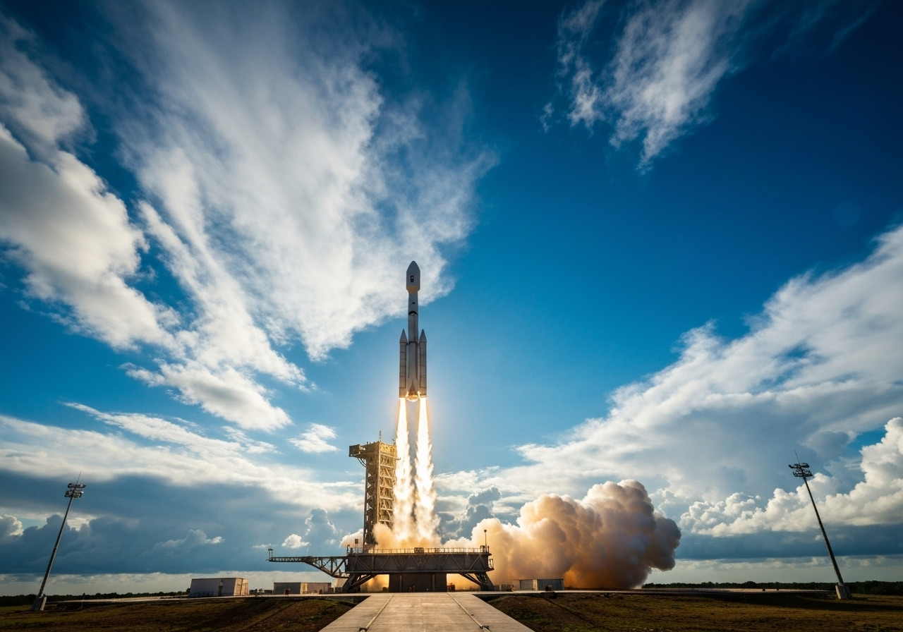 rocket launching into blue sky