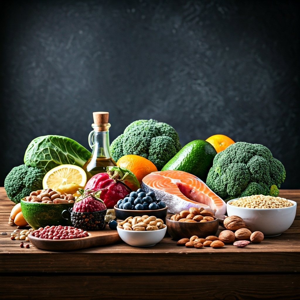 Colorful healthy foods on table