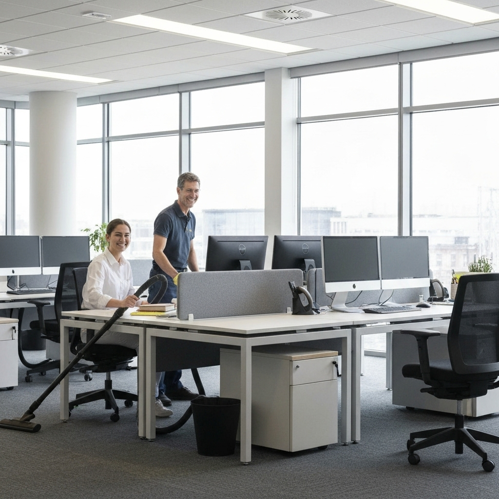 Cleaning staff in bright modern office
