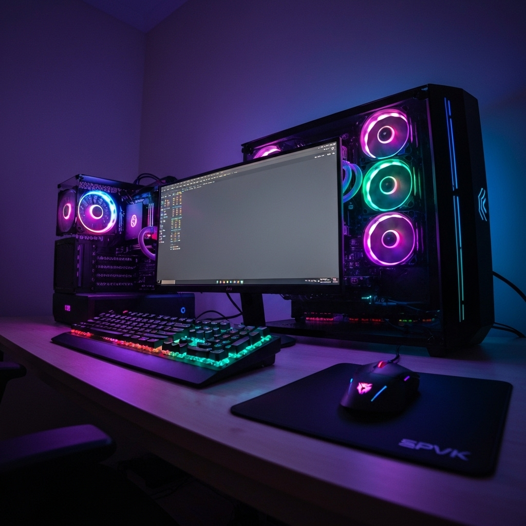 RGB-lit gaming PC setup on desk