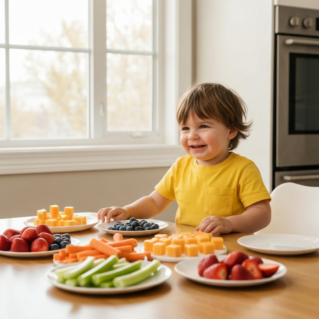 toddler with healthy colorful snacks