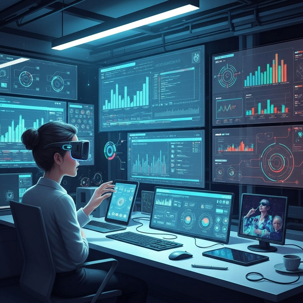 Digital art of AI productivity tools workspace.