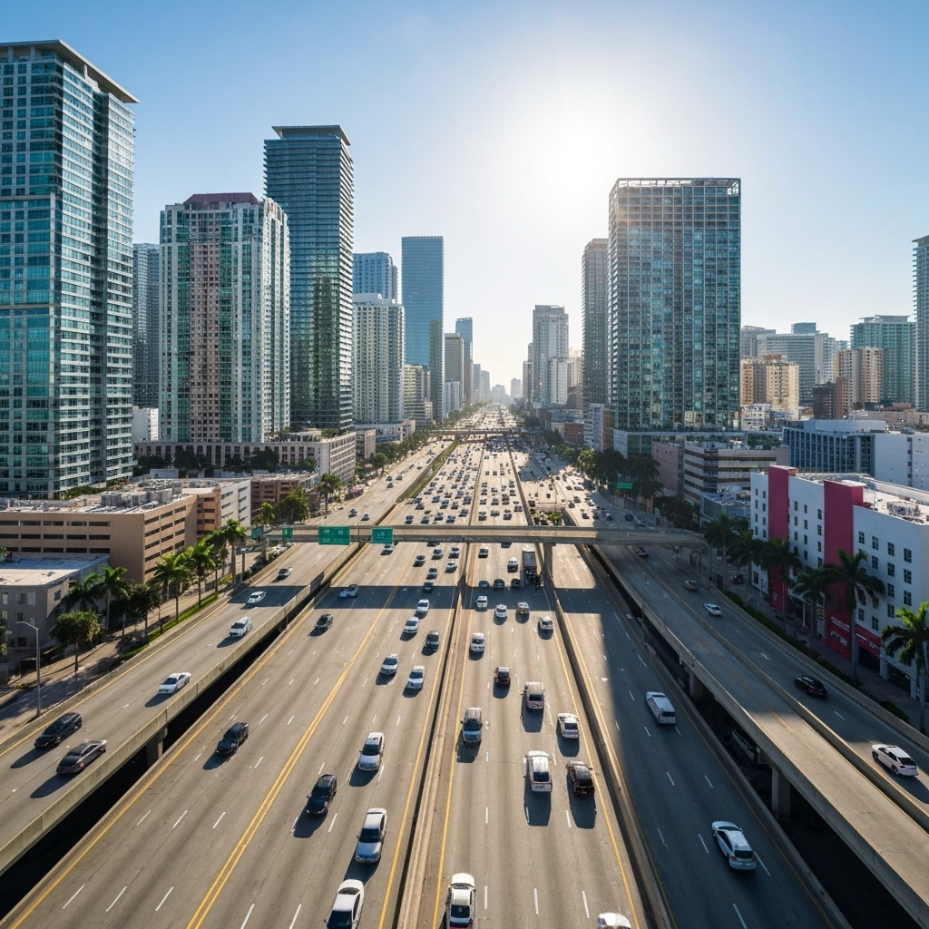 Miami skyline and highways aerial view