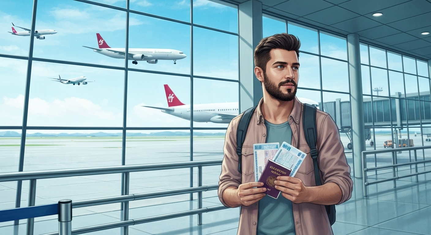 Traveler with passport and visa at airport