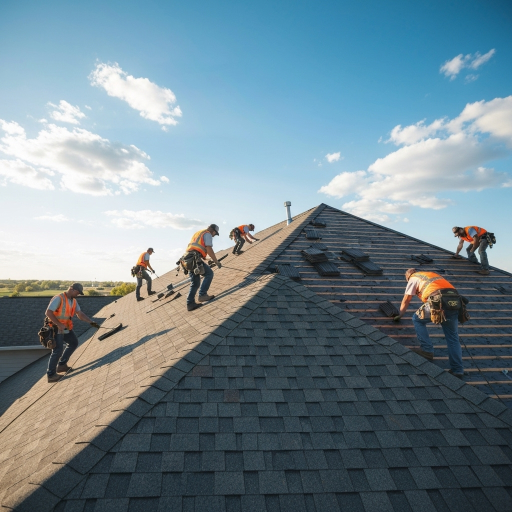 Roofers working on house roof outdoors