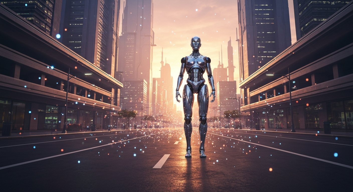 Robot en ciudad futurista al atardecer