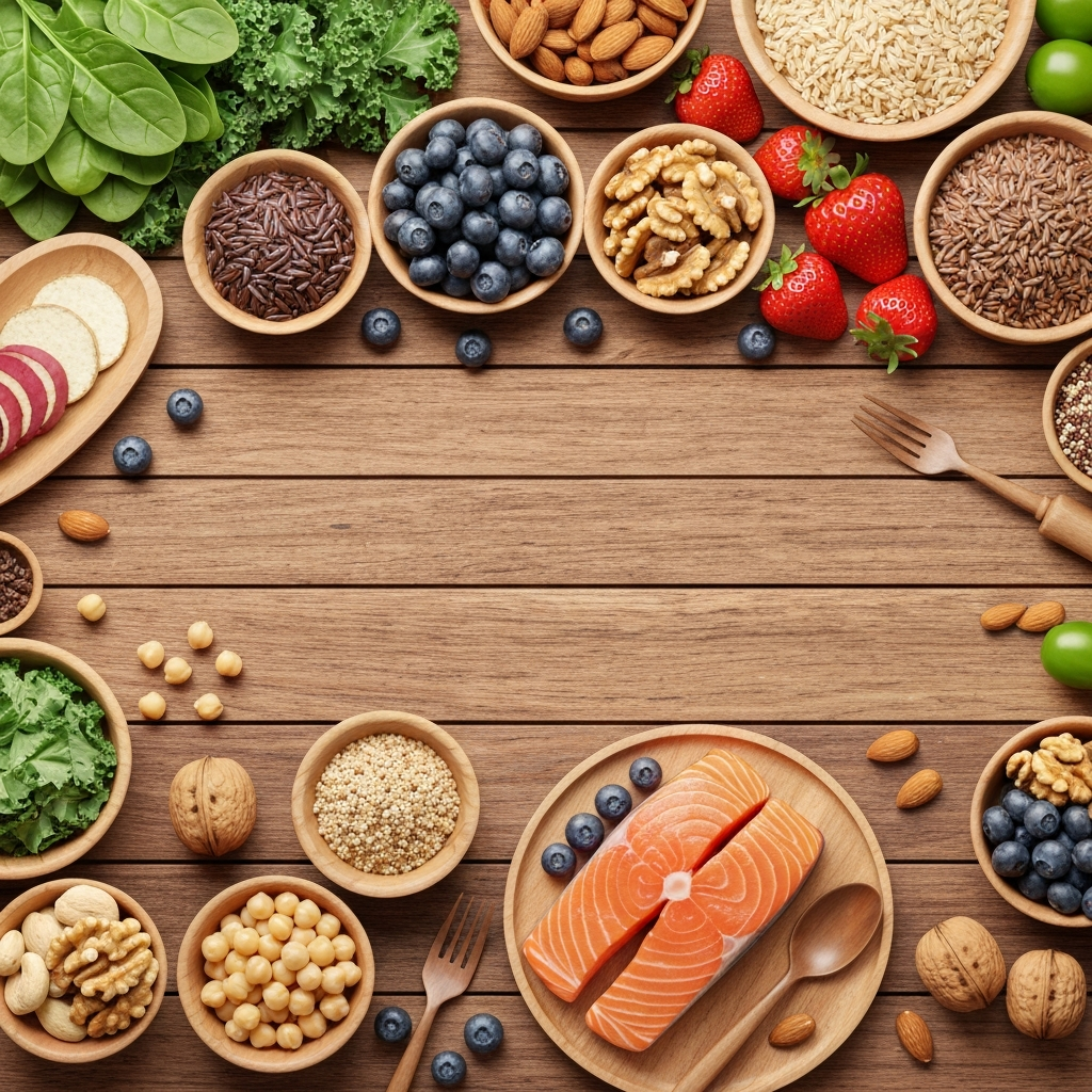 variety of healthy foods tabletop