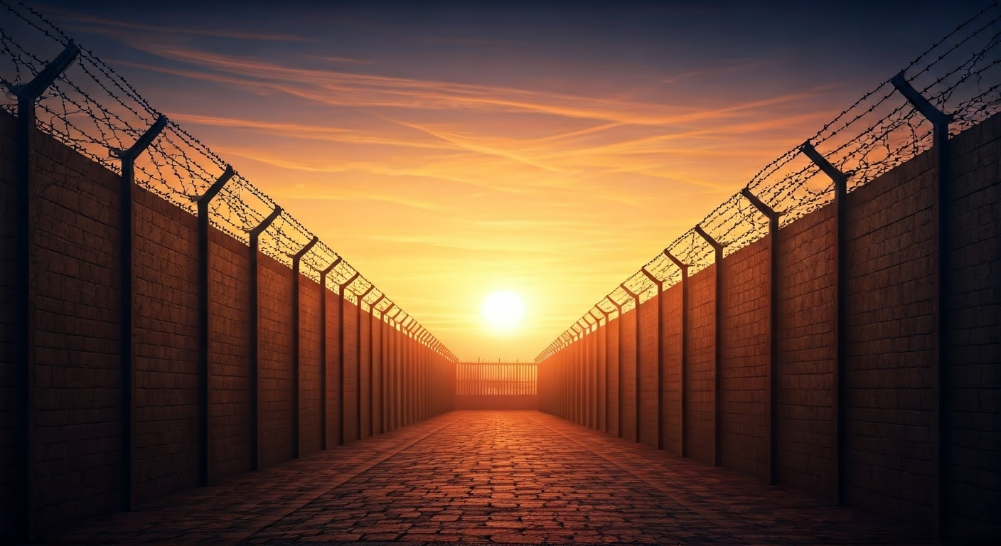 Prison walls at sunset
