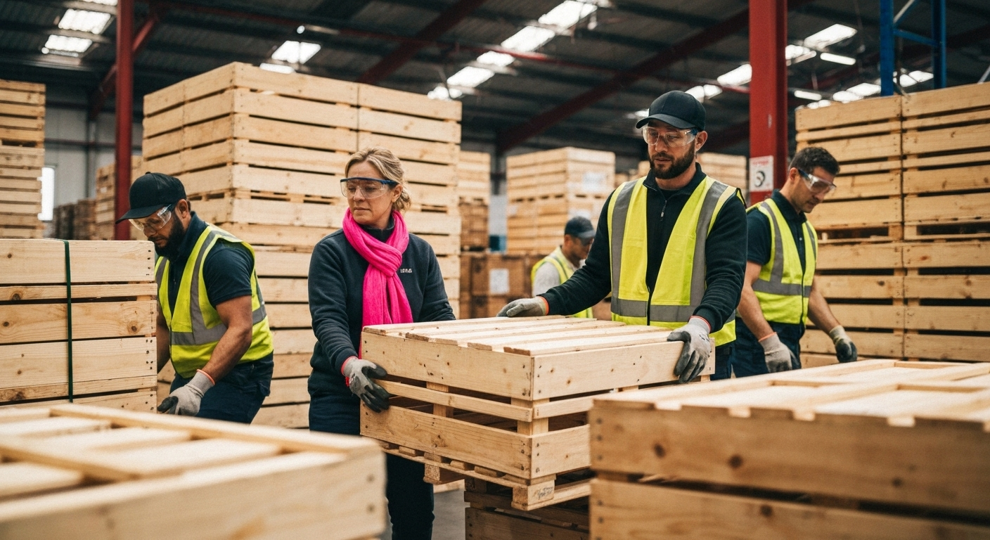 workers handling crates in warehouse