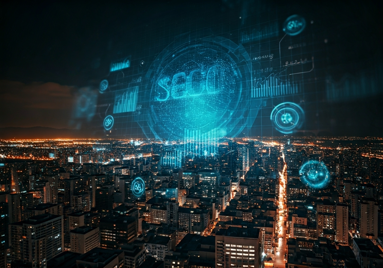 Futuristic city with SEO graphs