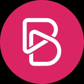 a pink and white logo with the letter b