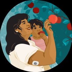 a woman and child are eating apples in an orchard