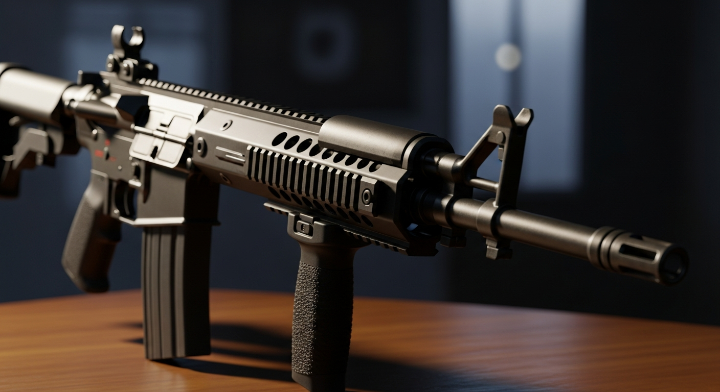 assault rifle on table indoors