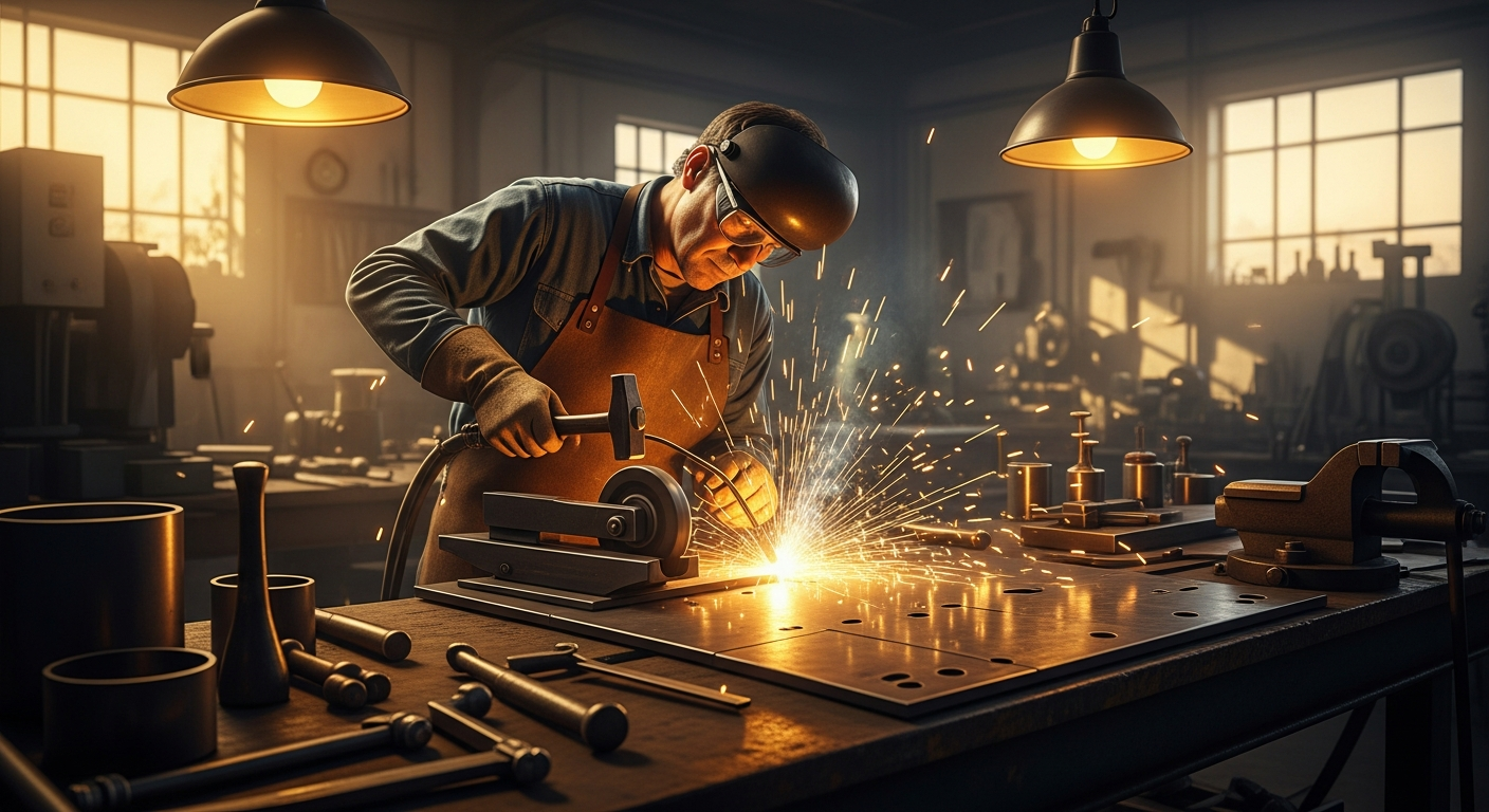 Metalworker wheeling and gas welding